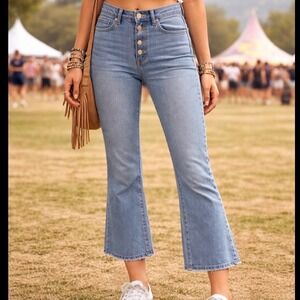 THE MO LAB Womens High Rise Button Fly Cropped Flare Jeans Light Wash Size 28